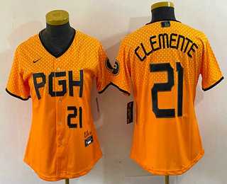 Womens Pittsburgh Pirates #21 Roberto Clemente Number Yellow 2023 City Connect Stitched Jersey